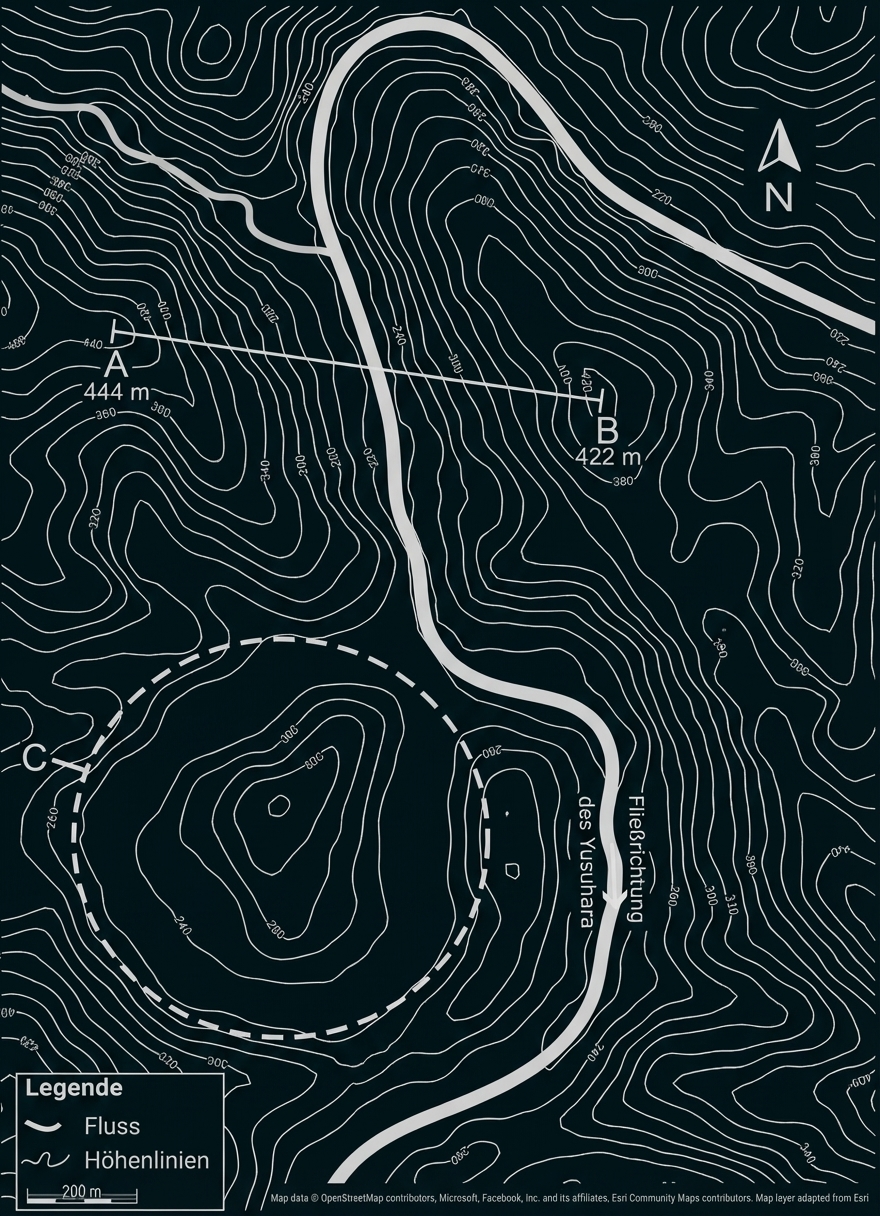 Topografische Karte mit Höhenlinien, Fluss und markierten Punkten A (444 m), B (422 m) und C